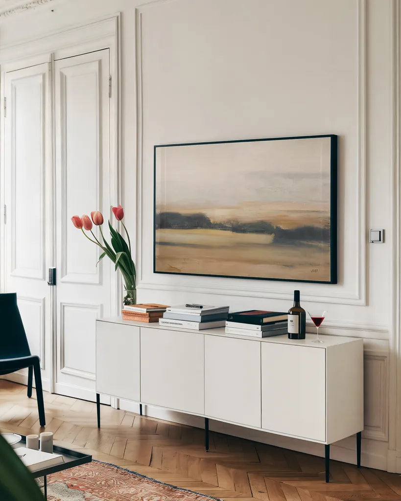 View From the Top Neutral by Julia Purinton. shown as a framed stretched canvas in a living room above a console. Available as a archival giclee rolled canvas, fine art paper, or poster print. SKU 68942i.