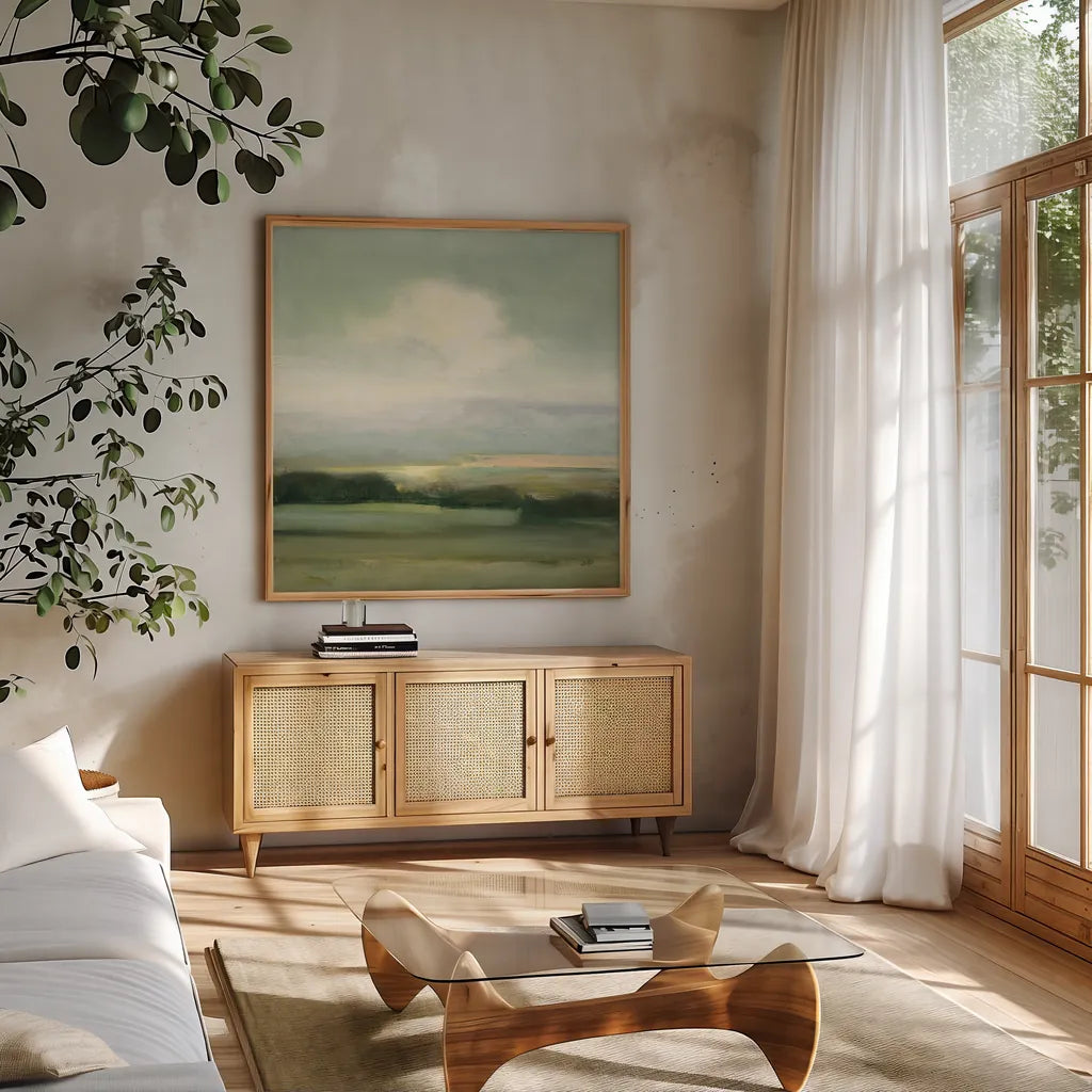 View from the Top by Julia Purinton. Shown in a natural wood frame in a cozy modern living room. Available as an archival giclee rolled canvas, fine art paper, or poster print. SKU 68559a.