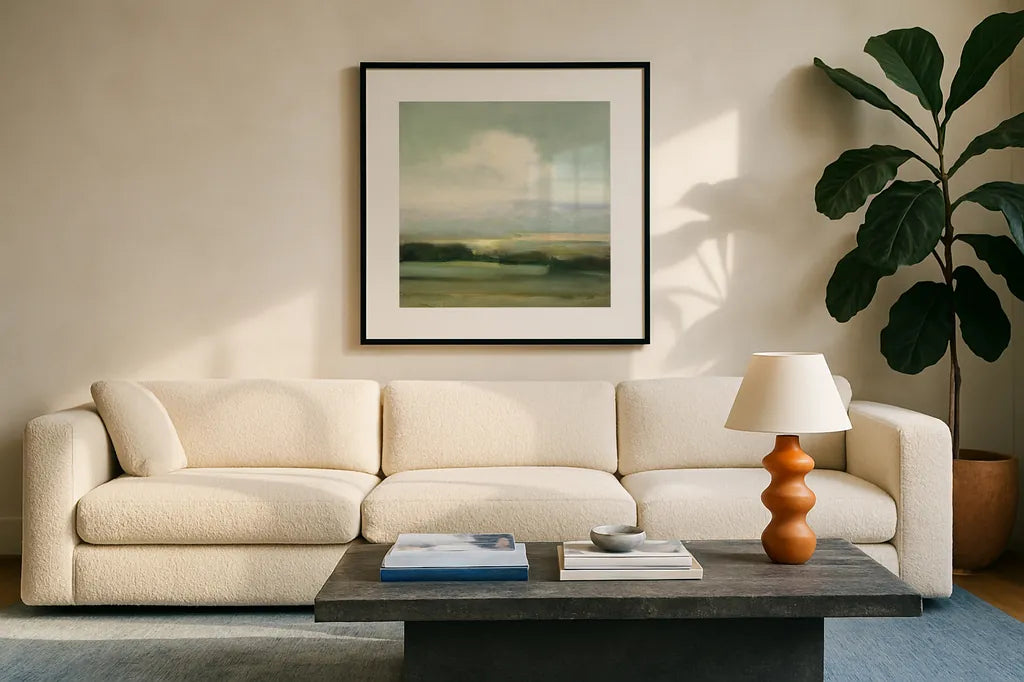 View from the Top by Julia Purinton. Displayed in a glass frame with matte in a clean modern living room. Available as an archival giclee rolled canvas, fine art paper, or poster print. SKU 68559a.