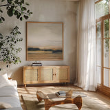 View from the Top Neutral by Julia Purinton. Shown in a natural wood frame in a cozy modern living room. Available as an archival giclee rolled canvas, fine art paper, or poster print. SKU 68942a.