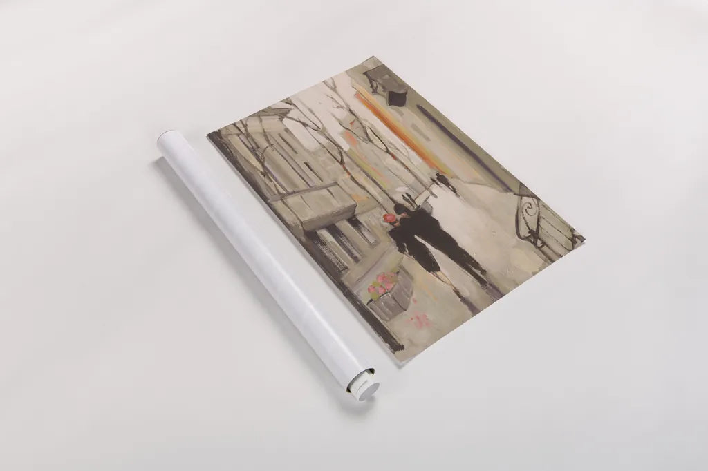 Village Promenade Neutral by Julia Purinton. shown as a rolled paper print. Available as archival giclee rolled canvas, fine art paper, or poster print. SKU 15621h.