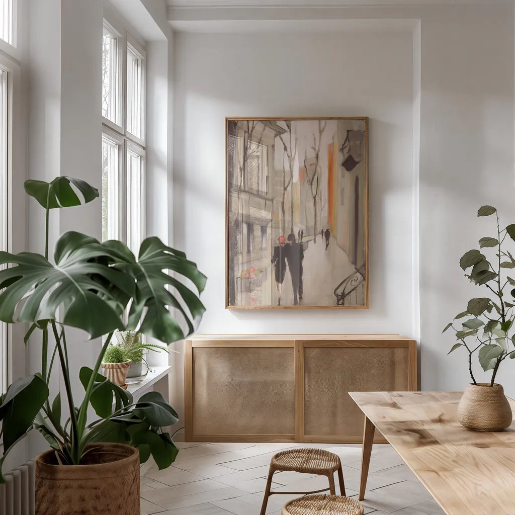 Village Promenade Neutral by Julia Purinton. shown as a print in a natural wood frame in a dining room. Available as a archival giclee rolled canvas, fine art paper, or poster print. SKU 15621h.
