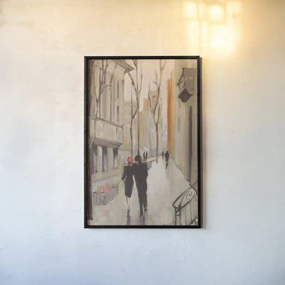 Village Promenade Neutral by Julia Purinton. shown as a paper print in a black flame. Available as a archival giclee rolled canvas, fine art paper, or poster print. SKU 15621h.