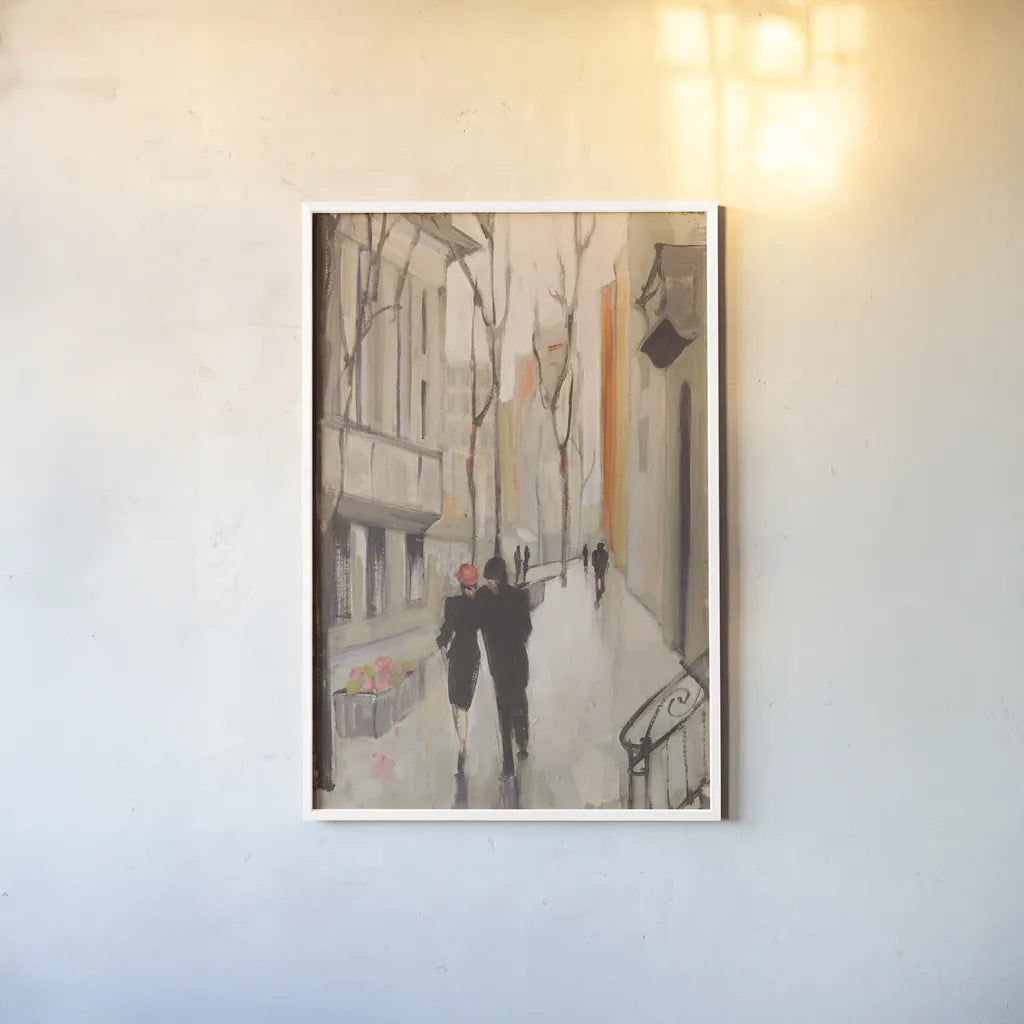 Village Promenade Neutral by Julia Purinton. shown as a paper print in a white frame. Available as a archival giclee rolled canvas, fine art paper, or poster print. SKU 15621h.
