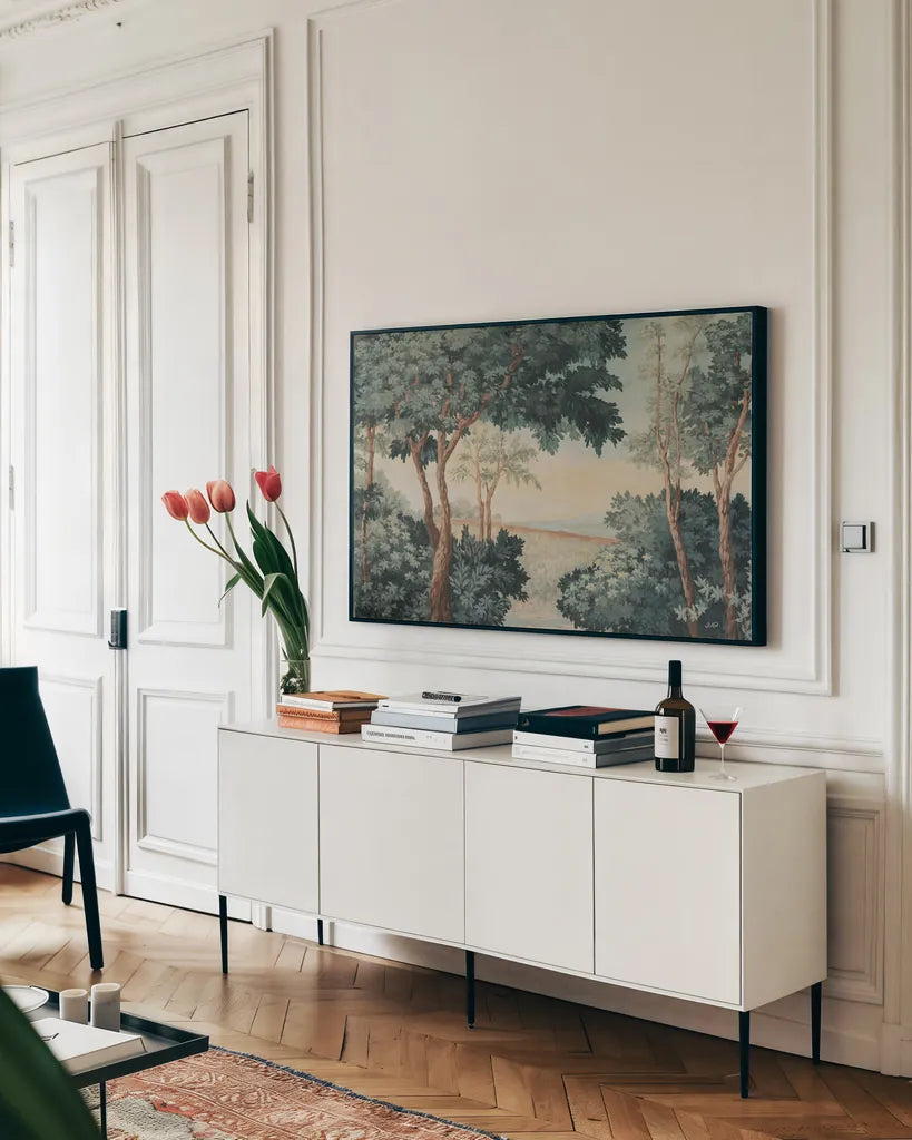 Vintage Grove by Julia Purinton. shown as a framed stretched canvas in a living room above a console. Available as a archival giclee rolled canvas, fine art paper, or poster print. SKU 102422i.