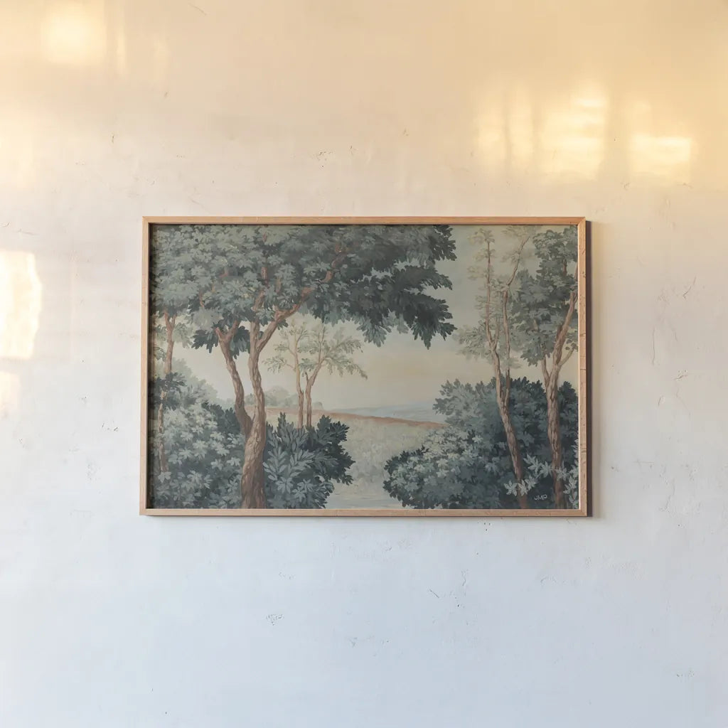 Vintage Grove by Julia Purinton. shown as a paper print in a natural frame. Available as a archival giclee rolled canvas, fine art paper, or poster print. SKU 102422i.