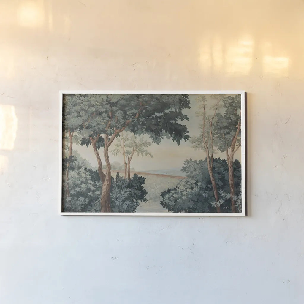 Vintage Grove by Julia Purinton. shown as a paper print in a white frame. Available as a archival giclee rolled canvas, fine art paper, or poster print. SKU 102422i.