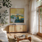 Voyage by Julia Purinton. Shown in a natural wood frame in a cozy modern living room. Available as an archival giclee rolled canvas, fine art paper, or poster print. SKU 90244a.