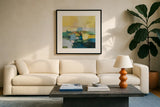 Voyage by Julia Purinton. Displayed in a glass frame with matte in a clean modern living room. Available as an archival giclee rolled canvas, fine art paper, or poster print. SKU 90244a.