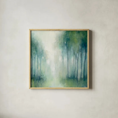 Walk in the Woods by Julia Purinton. Shown in a natural wood glass frame for a timeless modern aesthetic. Available as an archival giclee rolled canvas, fine art paper, or poster print. SKU 30289a.