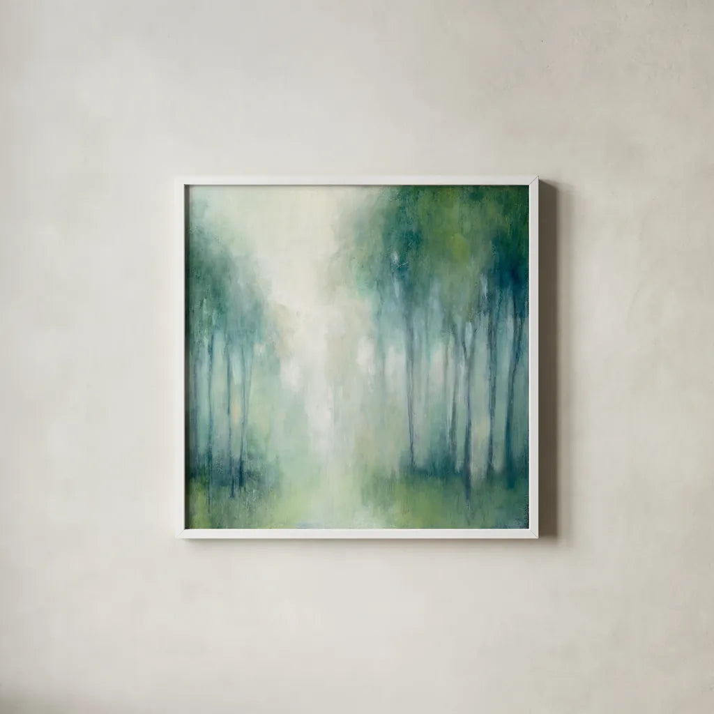 Walk in the Woods by Julia Purinton. Shown in a crisp white glass frame for a clean and minimalist style. Available as an archival giclee rolled canvas, fine art paper, or poster print. SKU 30289a.