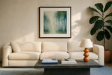Walk in the Woods by Julia Purinton. Displayed in a glass frame with matte in a clean modern living room. Available as an archival giclee rolled canvas, fine art paper, or poster print. SKU 30289a.