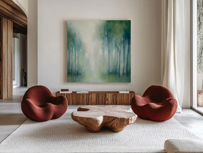Walk in the Woods by Julia Purinton. Shown as extra-large giant wall art in a modern living room. Available as an archival giclee rolled canvas, fine art paper, or poster print. SKU 30289a.