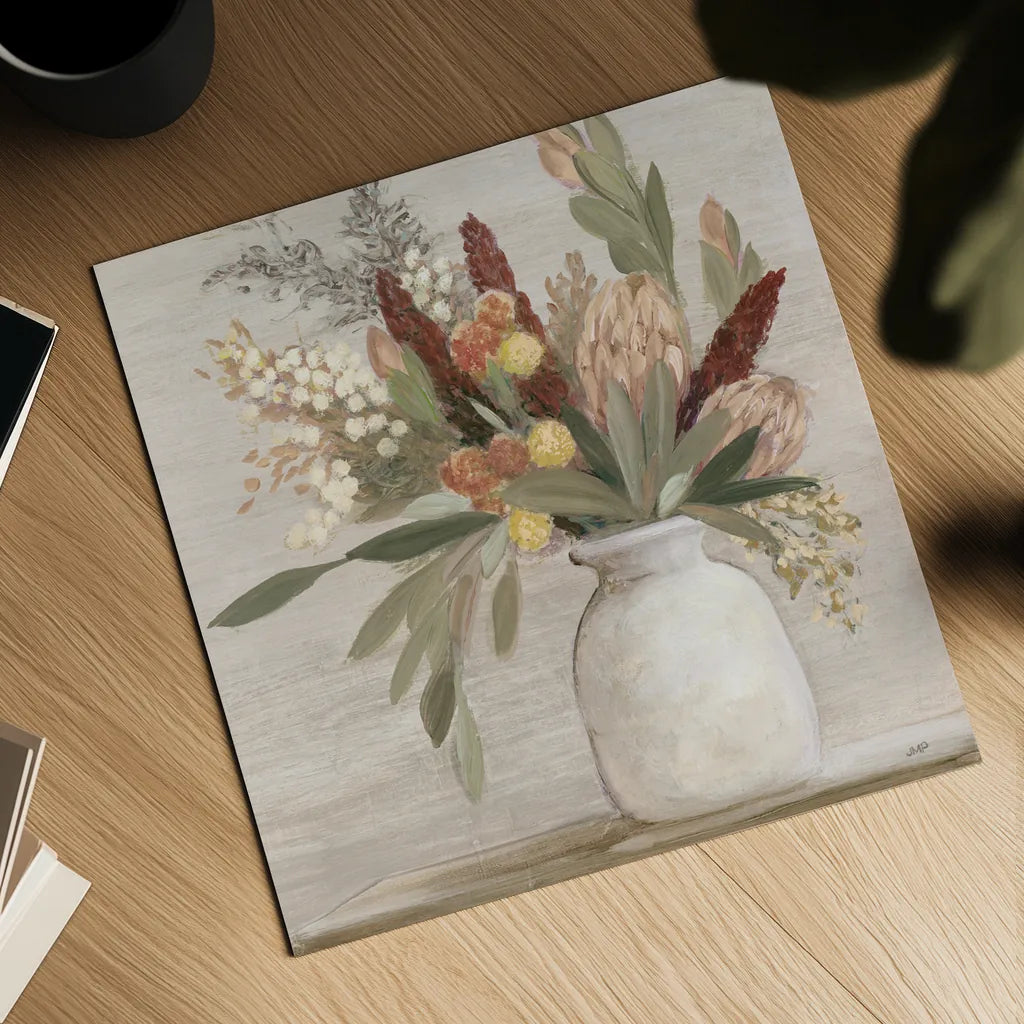 Warm Protea Still Life Crop by Julia Purinton. Shown as a detailed flat fine art print, highlighting archival giclee quality. Available as an archival giclee rolled canvas, fine art paper, or poster print. SKU 77175a.