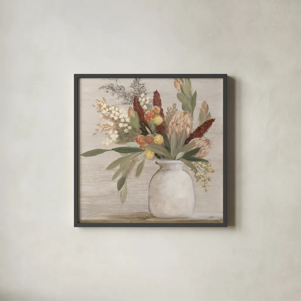 Warm Protea Still Life Crop by Julia Purinton. Shown in a sleek black glass frame for a contemporary gallery look. Available as an archival giclee rolled canvas, fine art paper, or poster print. SKU 77175a.