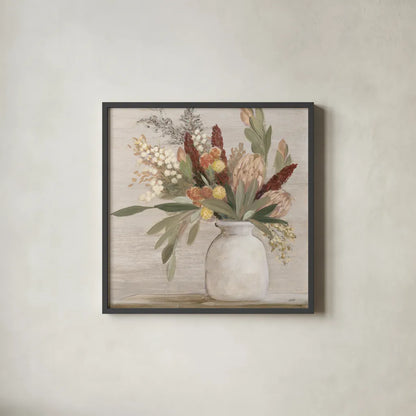 Warm Protea Still Life Crop by Julia Purinton. Shown in a sleek black glass frame for a contemporary gallery look. Available as an archival giclee rolled canvas, fine art paper, or poster print. SKU 77175a.