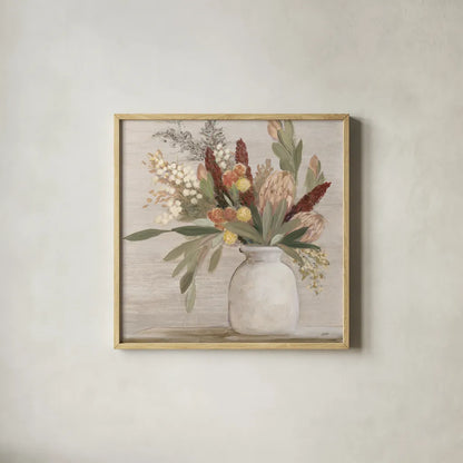 Warm Protea Still Life Crop by Julia Purinton. Shown in a natural wood glass frame for a timeless modern aesthetic. Available as an archival giclee rolled canvas, fine art paper, or poster print. SKU 77175a.