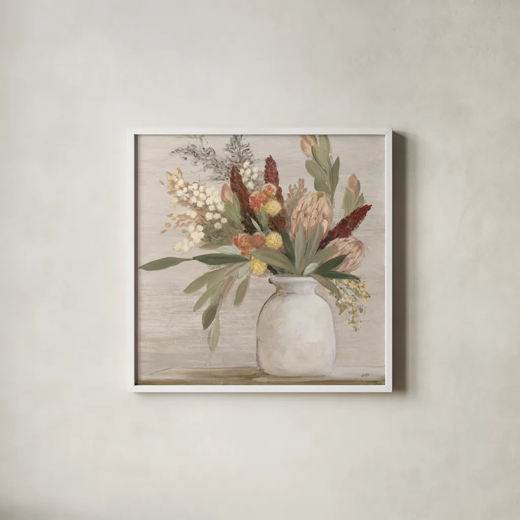 Warm Protea Still Life Crop by Julia Purinton. Shown in a crisp white glass frame for a clean and minimalist style. Available as an archival giclee rolled canvas, fine art paper, or poster print. SKU 77175a.