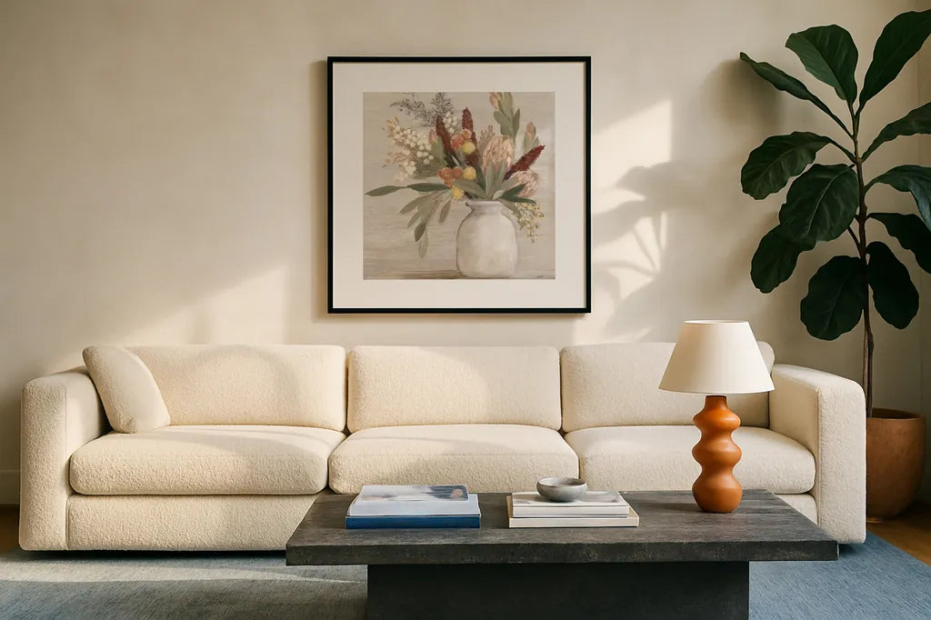 Warm Protea Still Life Crop by Julia Purinton. Displayed in a glass frame with matte in a clean modern living room. Available as an archival giclee rolled canvas, fine art paper, or poster print. SKU 77175a.