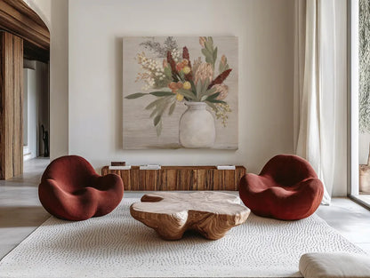 Warm Protea Still Life Crop by Julia Purinton. Shown as extra-large giant wall art in a modern living room. Available as an archival giclee rolled canvas, fine art paper, or poster print. SKU 77175a.