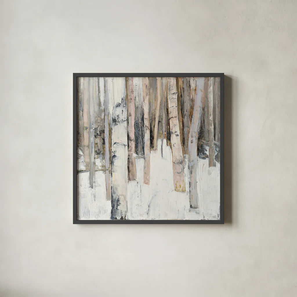 Warm Winter Light I by Julia Purinton. Shown in a sleek black glass frame for a contemporary gallery look. Available as an archival giclee rolled canvas, fine art paper, or poster print. SKU 30551a.