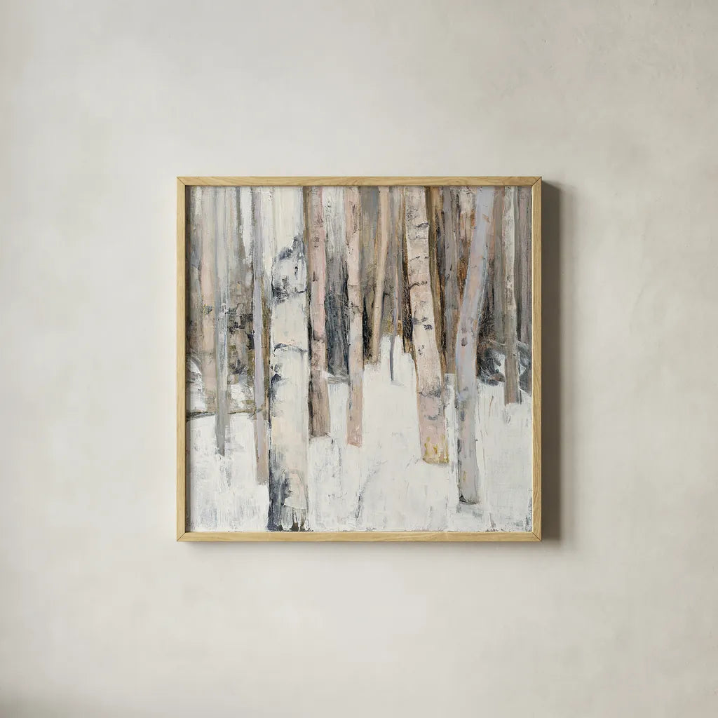 Warm Winter Light I by Julia Purinton. Shown in a natural wood glass frame for a timeless modern aesthetic. Available as an archival giclee rolled canvas, fine art paper, or poster print. SKU 30551a.