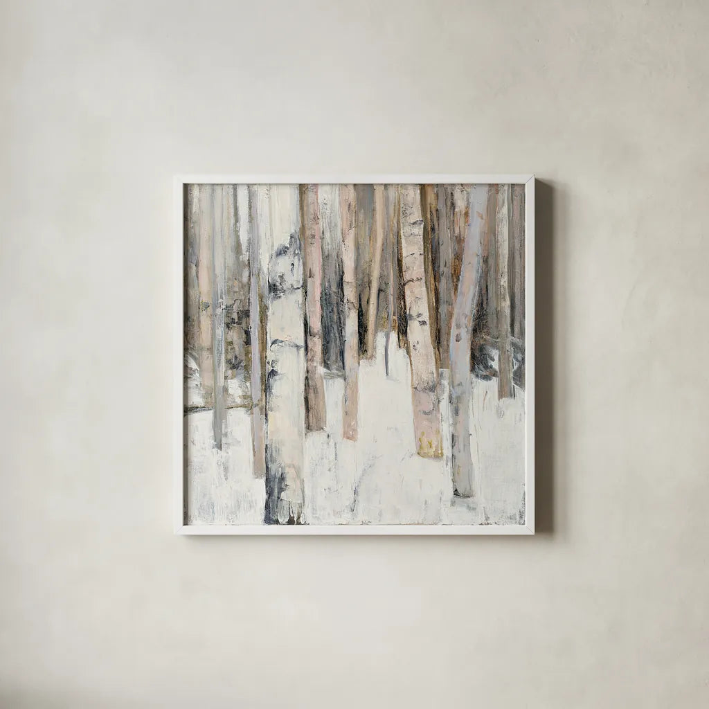 Warm Winter Light I by Julia Purinton. Shown in a crisp white glass frame for a clean and minimalist style. Available as an archival giclee rolled canvas, fine art paper, or poster print. SKU 30551a.