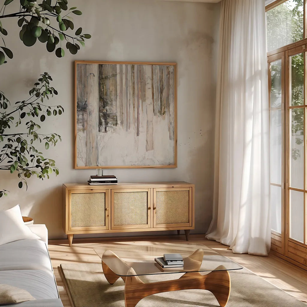 Warm Winter Light II by Julia Purinton. Shown in a natural wood frame in a cozy modern living room. Available as an archival giclee rolled canvas, fine art paper, or poster print. SKU 30552a.