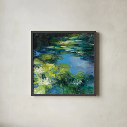 Water Lilies II by Julia Purinton. Shown in a sleek black glass frame for a contemporary gallery look. Available as an archival giclee rolled canvas, fine art paper, or poster print. SKU 14832a.