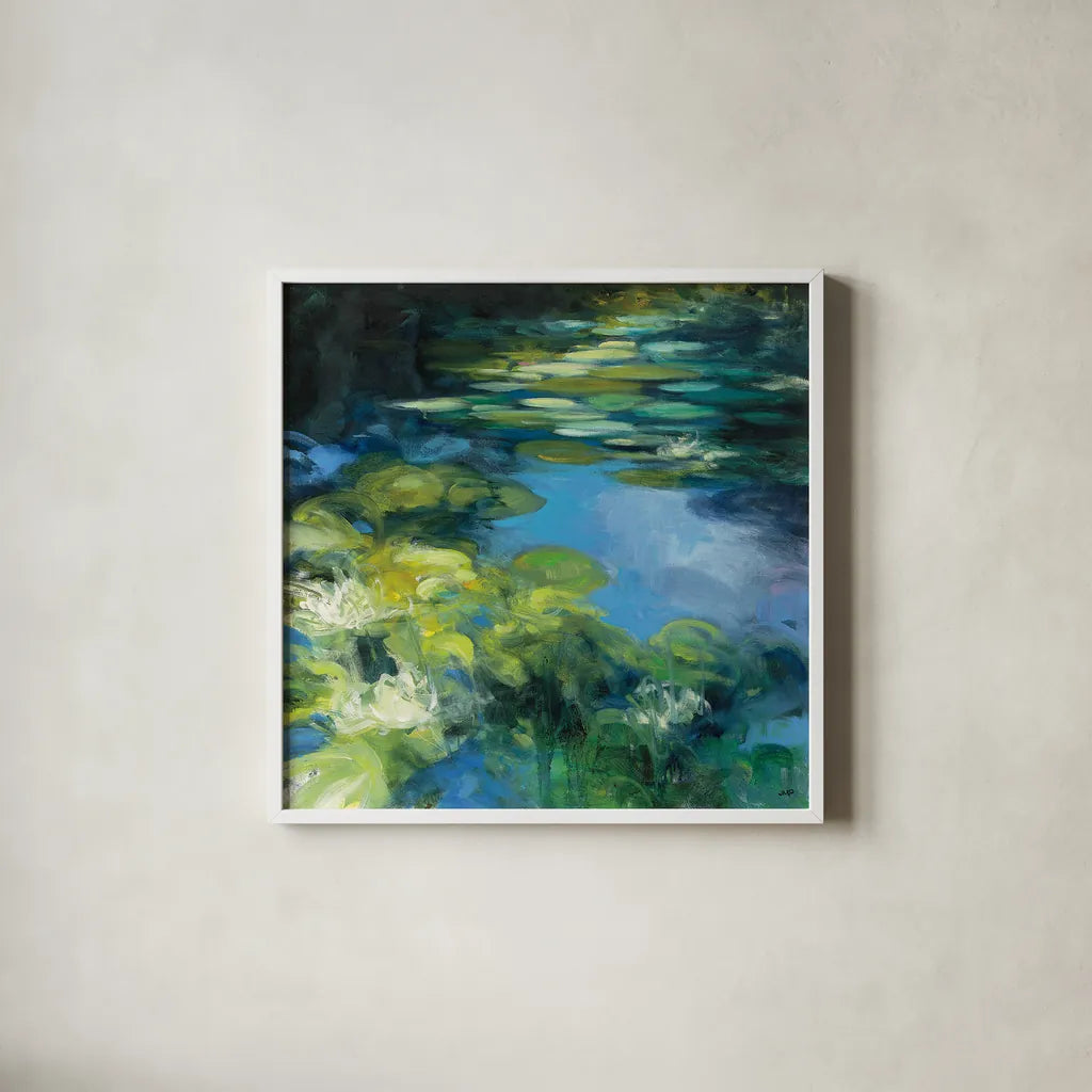 Water Lilies II by Julia Purinton. Shown in a crisp white glass frame for a clean and minimalist style. Available as an archival giclee rolled canvas, fine art paper, or poster print. SKU 14832a.