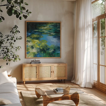 Water Lilies II by Julia Purinton. Shown in a natural wood frame in a cozy modern living room. Available as an archival giclee rolled canvas, fine art paper, or poster print. SKU 14832a.