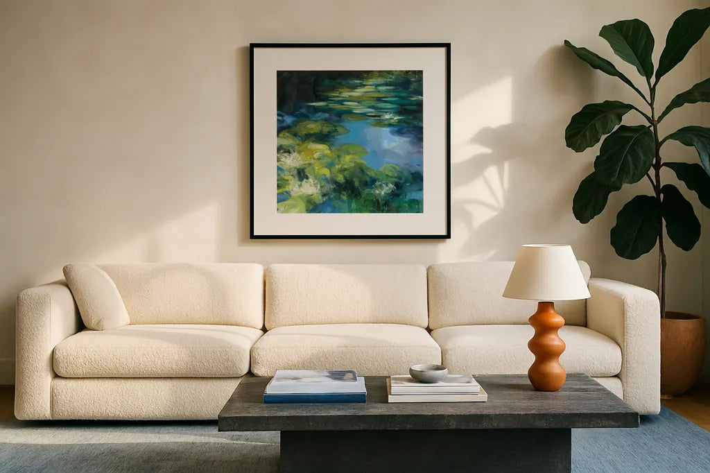 Water Lilies II by Julia Purinton. Displayed in a glass frame with matte in a clean modern living room. Available as an archival giclee rolled canvas, fine art paper, or poster print. SKU 14832a.