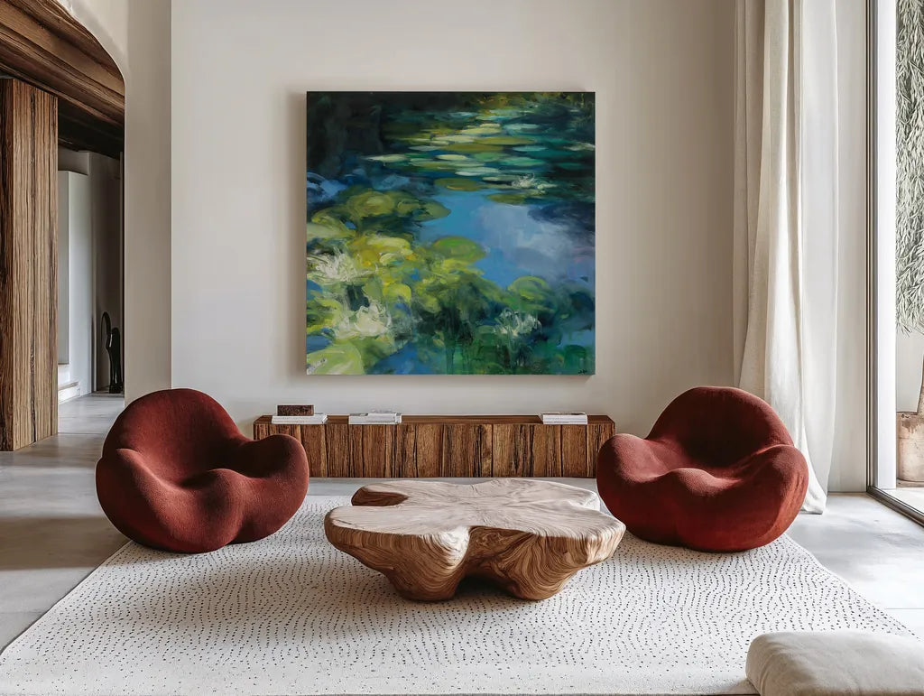 Water Lilies II by Julia Purinton. Shown as extra-large giant wall art in a modern living room. Available as an archival giclee rolled canvas, fine art paper, or poster print. SKU 14832a.