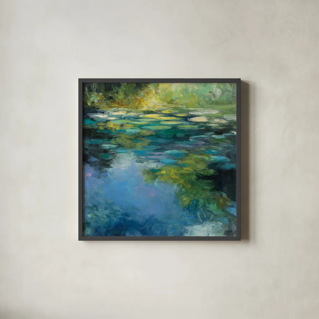 Water Lilies III by Julia Purinton. Shown in a sleek black glass frame for a contemporary gallery look. Available as an archival giclee rolled canvas, fine art paper, or poster print. SKU 14833a.
