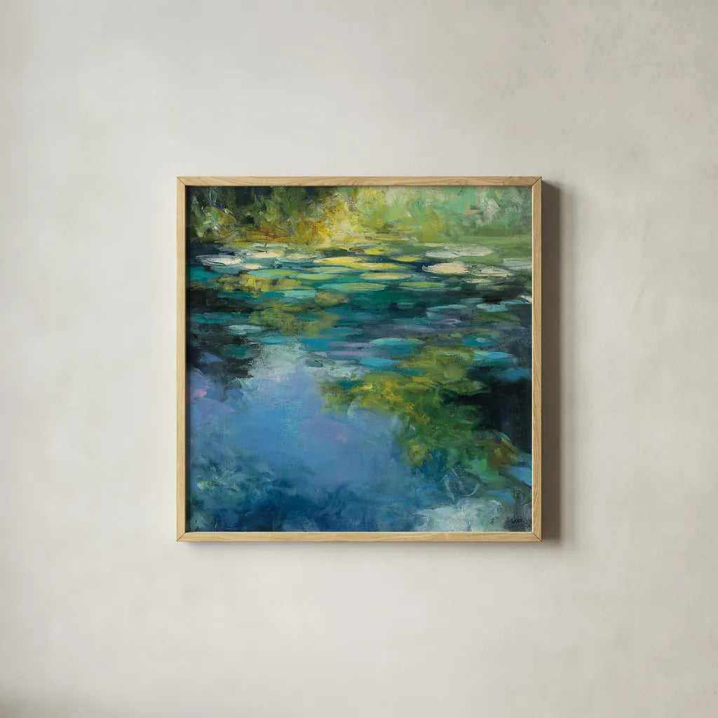 Water Lilies III by Julia Purinton. Shown in a natural wood glass frame for a timeless modern aesthetic. Available as an archival giclee rolled canvas, fine art paper, or poster print. SKU 14833a.