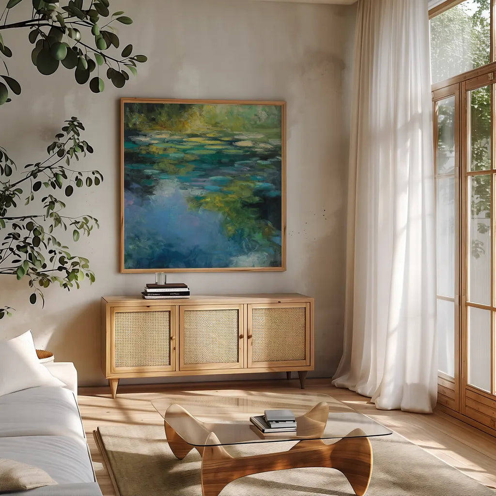 Water Lilies III by Julia Purinton. Shown in a natural wood frame in a cozy modern living room. Available as an archival giclee rolled canvas, fine art paper, or poster print. SKU 14833a.