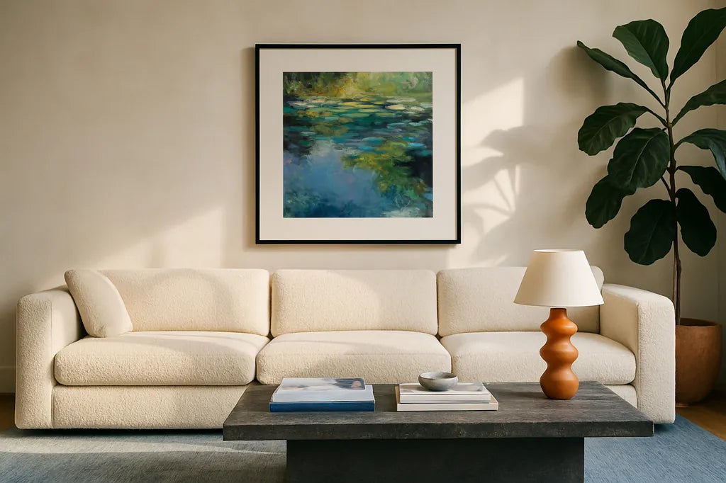 Water Lilies III by Julia Purinton. Displayed in a glass frame with matte in a clean modern living room. Available as an archival giclee rolled canvas, fine art paper, or poster print. SKU 14833a.