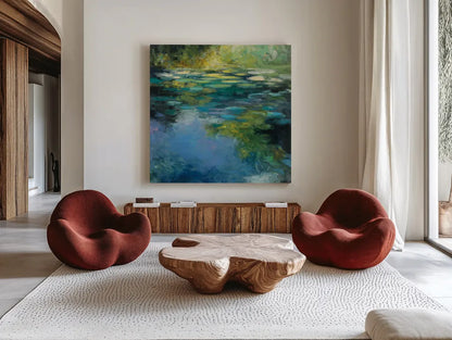 Water Lilies III by Julia Purinton. Shown as extra-large giant wall art in a modern living room. Available as an archival giclee rolled canvas, fine art paper, or poster print. SKU 14833a.