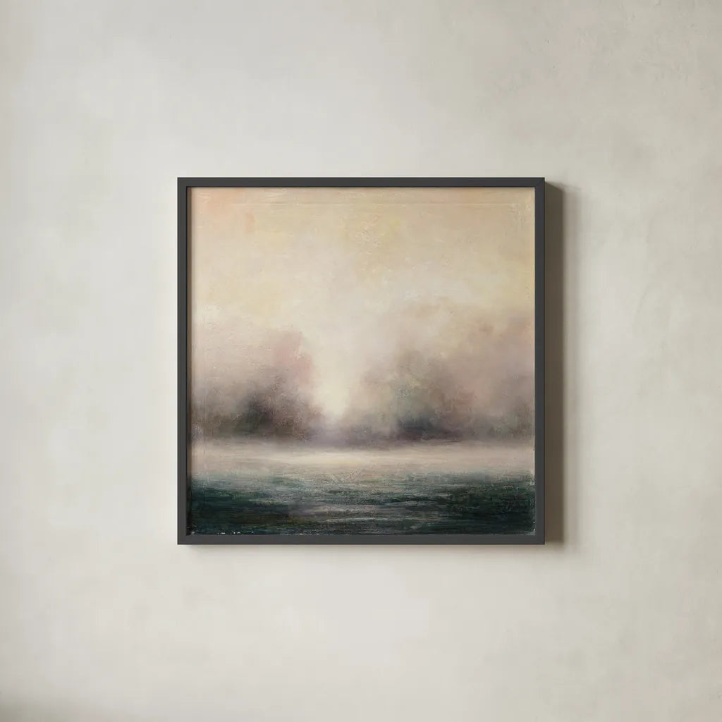 Waters Edge by Julia Purinton. Shown in a sleek black glass frame for a contemporary gallery look. Available as an archival giclee rolled canvas, fine art paper, or poster print. SKU 27598a.