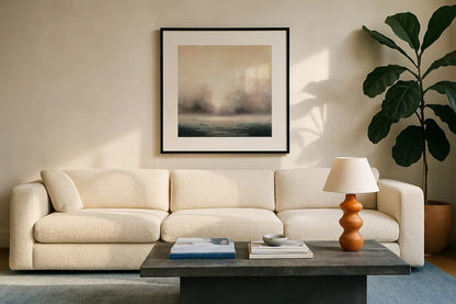 Waters Edge by Julia Purinton. Displayed in a glass frame with matte in a clean modern living room. Available as an archival giclee rolled canvas, fine art paper, or poster print. SKU 27598a.