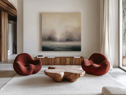 Waters Edge by Julia Purinton. Shown as extra-large giant wall art in a modern living room. Available as an archival giclee rolled canvas, fine art paper, or poster print. SKU 27598a.