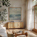 Waves by Julia Purinton. Shown in a natural wood frame in a cozy modern living room. Available as an archival giclee rolled canvas, fine art paper, or poster print. SKU 37620a.