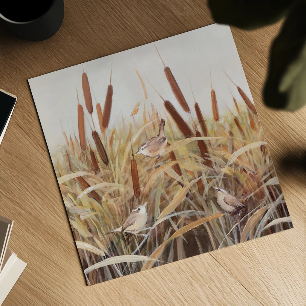 Whispering Cattails            III by Julia Purinton. Shown as a detailed flat fine art print, highlighting archival giclee quality. Available as an archival giclee rolled canvas, fine art paper, or poster print. SKU 86018a.