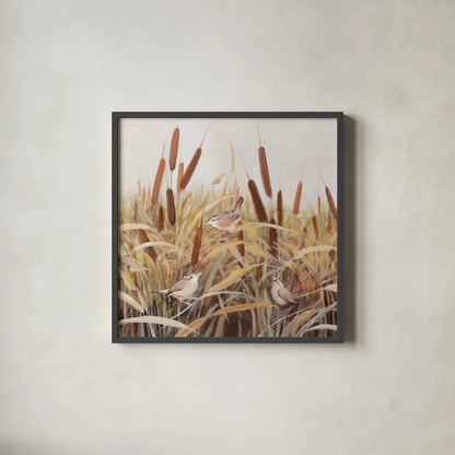 Whispering Cattails            III by Julia Purinton. Shown in a sleek black glass frame for a contemporary gallery look. Available as an archival giclee rolled canvas, fine art paper, or poster print. SKU 86018a.