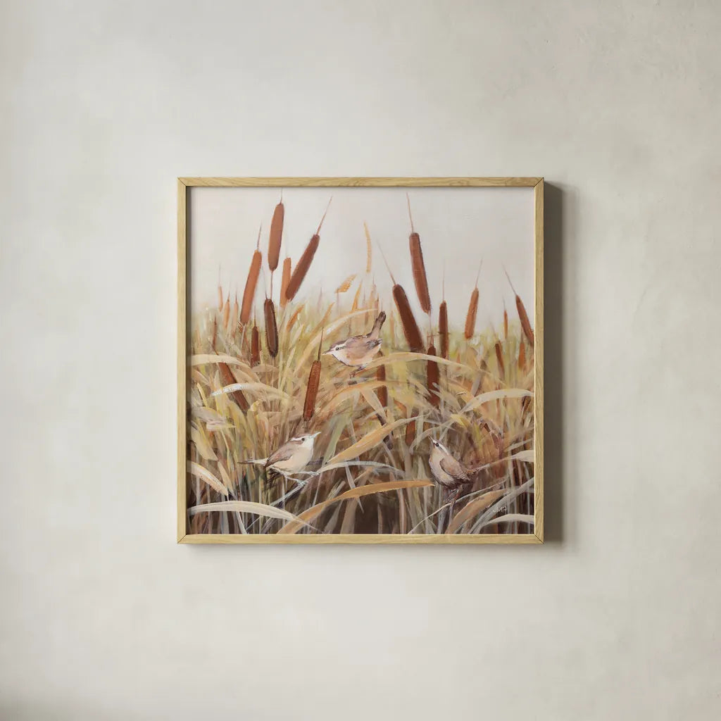 Whispering Cattails            III by Julia Purinton. Shown in a natural wood glass frame for a timeless modern aesthetic. Available as an archival giclee rolled canvas, fine art paper, or poster print. SKU 86018a.