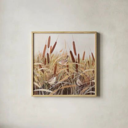 Whispering Cattails            III by Julia Purinton. Shown in a natural wood glass frame for a timeless modern aesthetic. Available as an archival giclee rolled canvas, fine art paper, or poster print. SKU 86018a.