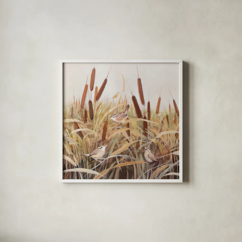 Whispering Cattails            III by Julia Purinton. Shown in a crisp white glass frame for a clean and minimalist style. Available as an archival giclee rolled canvas, fine art paper, or poster print. SKU 86018a.