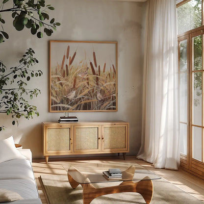 Whispering Cattails            III by Julia Purinton. Shown in a natural wood frame in a cozy modern living room. Available as an archival giclee rolled canvas, fine art paper, or poster print. SKU 86018a.
