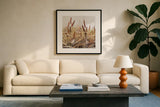 Whispering Cattails            III by Julia Purinton. Displayed in a glass frame with matte in a clean modern living room. Available as an archival giclee rolled canvas, fine art paper, or poster print. SKU 86018a.
