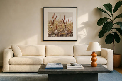 Whispering Cattails            III by Julia Purinton. Displayed in a glass frame with matte in a clean modern living room. Available as an archival giclee rolled canvas, fine art paper, or poster print. SKU 86018a.
